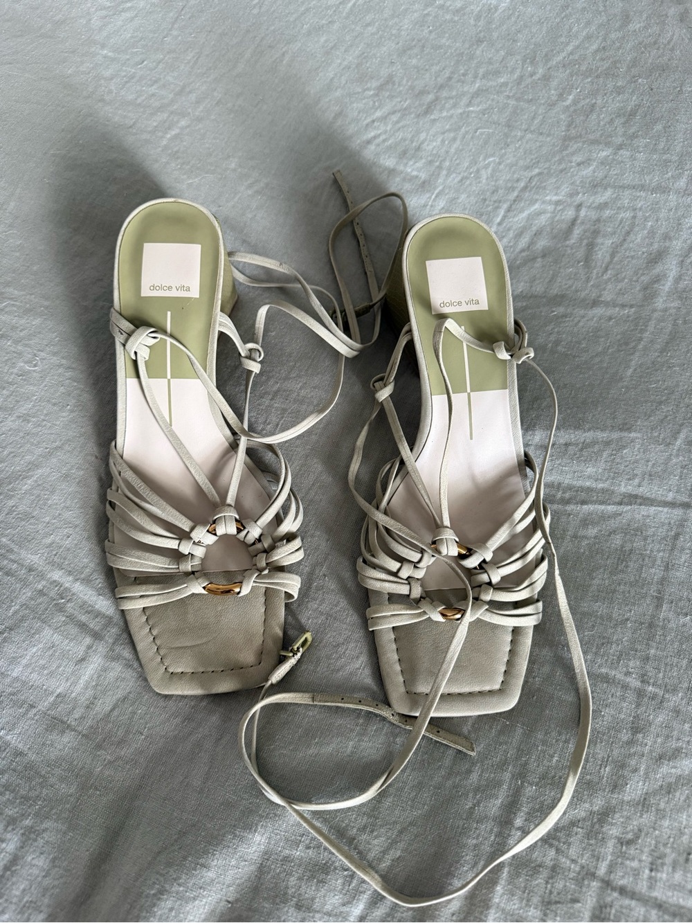Dolce Vita Light Green Strappy Lace-Up Heeled Sandals with Gold Ring